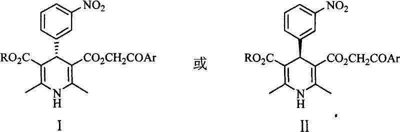 General chemical structures of Chiral 1,4-dihydro-4-(3-nitrophenyl)-3,5-pyridinedicarboxylates showing Stereochemistry I (S) and II (R)