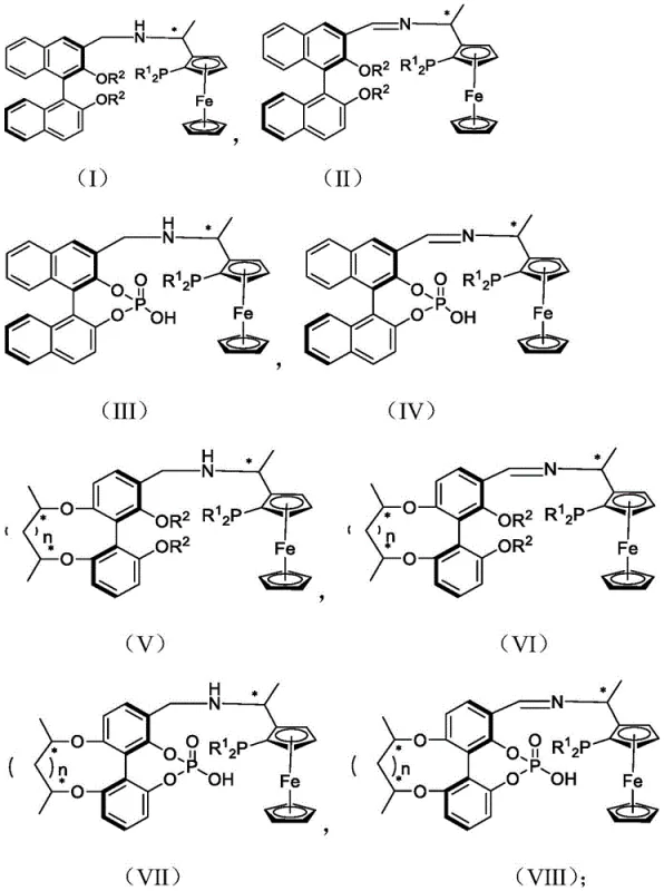 General formulas of chiral ferrocene and axial chiral biphenol PNO ligands