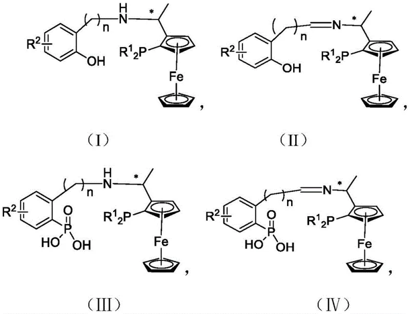 General formulas I-VI of chiral ferrocene PNO ligands showing phenol and phosphoric acid variants