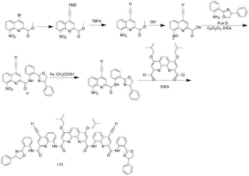 General synthetic pathway for chiral foldamer fluorescent compounds via Sonogashira coupling and condensation