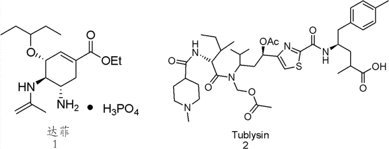 Chemical structures of Tamiflu and Tublysin showing gamma-amino acid motifs