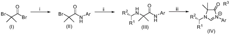 Complete three-step synthetic route from bromoacetyl bromide to chiral imidazolone NHC precursors