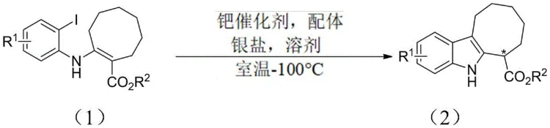 General reaction scheme showing palladium-catalyzed conversion of 2-(2-iodoarylamino)cyclooct-1-ene-1-carboxylate to chiral indole-2,3-fused eight-membered ring