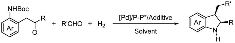 General reaction scheme for synthesizing chiral indolines from aminoketones and aldehydes via palladium-catalyzed asymmetric hydrogenation