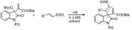 General reaction scheme showing indolinone MBH carbonate reacting with dipolarophile catalyzed by chiral amine to form spiro product