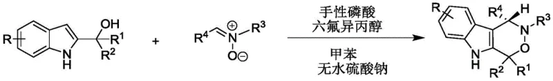 Catalytic reaction scheme showing synthesis of chiral indoxazinone from 2-indolemethanol and nitrone using chiral phosphoric acid/hexafluoroisopropanol catalysts in toluene solvent