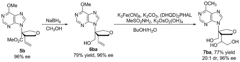 Derivatization pathway of chiral isonucleoside analogs showing reduction and dihydroxylation steps
