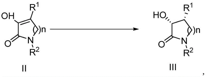 General reaction scheme showing asymmetric hydrogenation of compound II to compound III