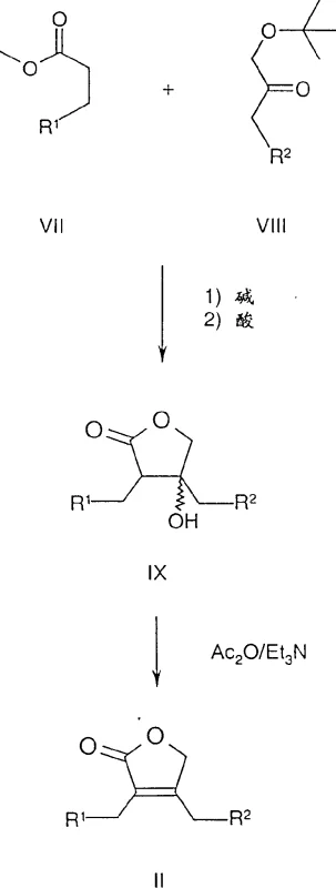 Reaction Scheme A showing the synthesis of unsaturated lactone precursor Formula II from ester and ketone components