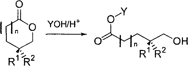 Reaction scheme showing acid-catalyzed ring opening of lactone to hydroxy ester