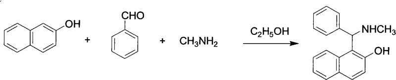 Reaction equation for the one-step Mannich synthesis of racemic Formula (I)