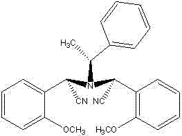 Chemical structure of N,N-bis-[(R)-(2-methoxy-phenyl) cyanomethyl]-(S)-1-phenylethylamine showing chiral centers
