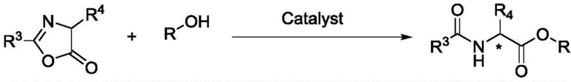 General reaction scheme showing the asymmetric ring-opening of racemic azlactone with alcohol catalyzed by the nitroxide catalyst to form chiral amino acid derivatives