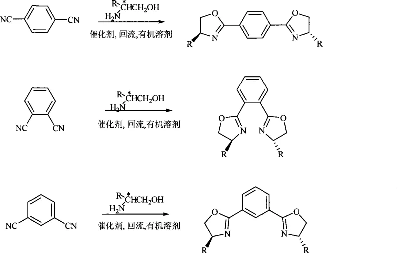 General reaction scheme showing dicyanobenzene reacting with chiral amino alcohol to form bis-oxazoline