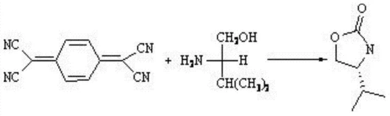Overall reaction scheme showing TCNQ and L-valinol condensing to form chiral oxazoline
