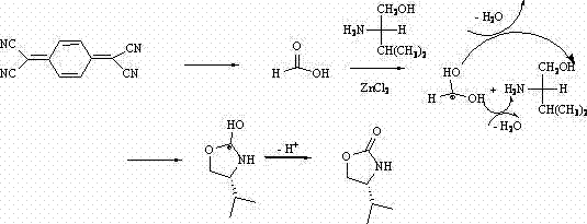 Reaction mechanism showing TCNQ decomposition to formic acid and subsequent ZnCl2 catalyzed cyclization with L-valinol to form chiral oxazoline