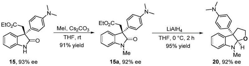 Derivatization pathway converting chiral oxindole 15 into furoindoline 20