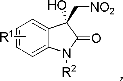 General chemical structure of chiral 3-hydroxy-3-methylene nitroindol-2-one derivatives showing variable R1 and R2 substituents