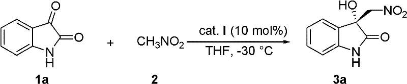 Representative reaction scheme showing the conversion of isatin 1a and nitromethane 2 to product 3a using cat. I in THF at -30 degrees Celsius