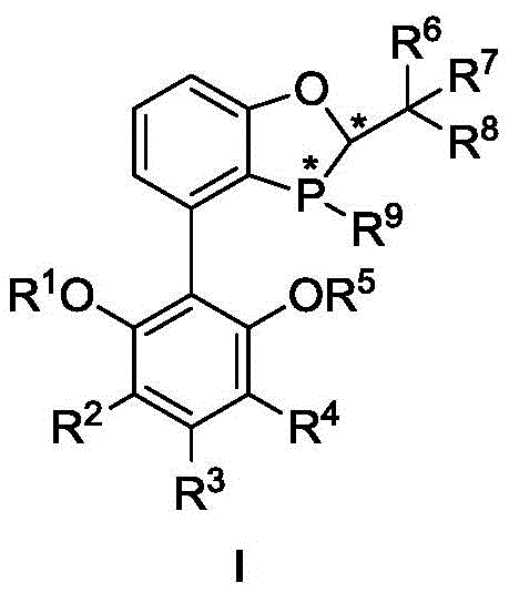 General structure of the novel chiral phosphine ligand Formula I showing the benzodioxaphosphole core and variable substituents
