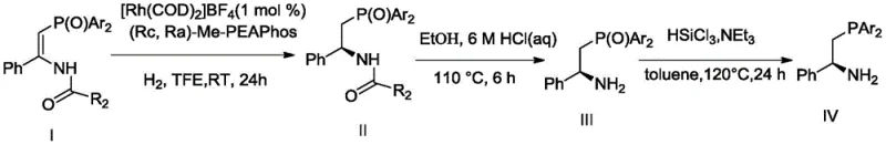 Synthetic route showing the transformation from enamide to chiral phosphine-amine intermediate via hydrogenation and reduction