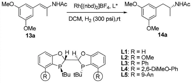 Comparison of different ligand structures L1-L5 used in catalytic hydrogenation showing varying aromatic substituents