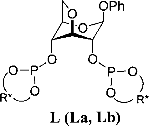 General structural formula of chiral bidentate phosphite ligand L showing the carbohydrate backbone and phosphite linkages