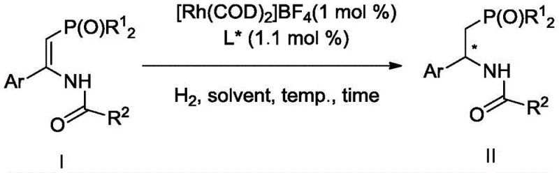 Rhodium-catalyzed asymmetric hydrogenation reaction scheme showing substrate I converting to product II