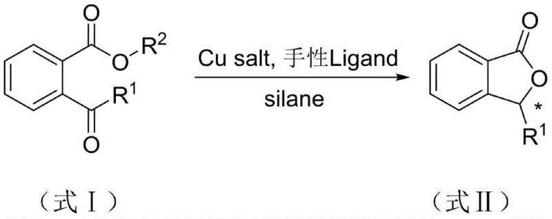 General reaction scheme showing the conversion of o-acyl benzoate (Formula I) to chiral phthalide (Formula II) via Cu-catalyzed reduction