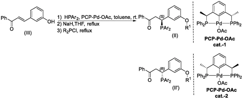 Overall synthesis scheme showing the conversion of chalcone derivatives to chiral pincer complexes via catalytic asymmetric addition and metal coordination