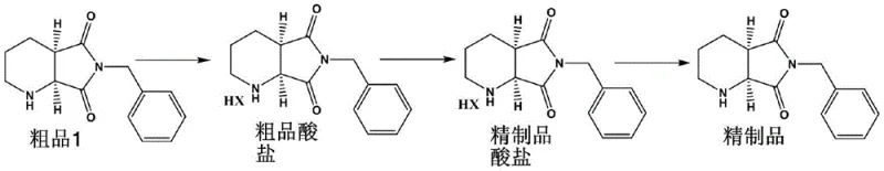 Core purification process flow showing conversion from crude product to refined acid salt and final high-purity product