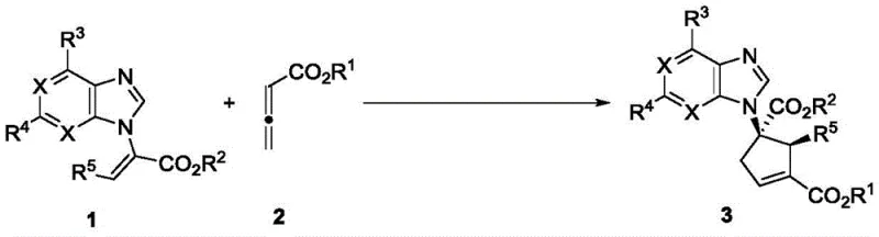 General reaction scheme for the synthesis of chiral five-membered carbocyclic purine nucleosides via asymmetric [3+2] cycloaddition