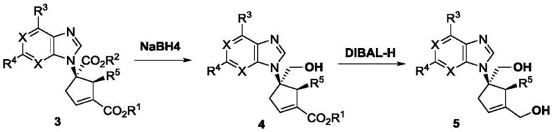 Derivatization pathway showing reduction of the cyclic nucleoside intermediate to mono-alcohol and diol derivatives