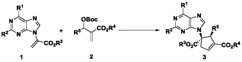 General reaction scheme for asymmetric 3+2 cyclization of alpha-purine acrylates and MBH carbonates