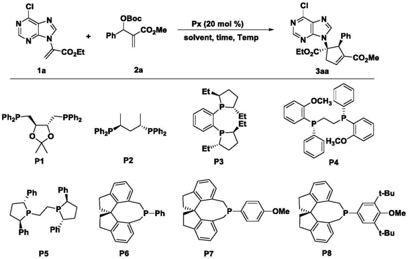 Specific example reaction showing optimization of catalyst P6 and reaction conditions