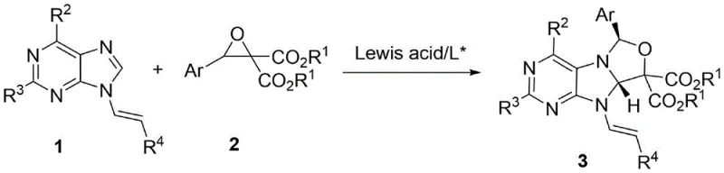 General reaction scheme for the synthesis of chiral purine oxazoles via cycloaddition