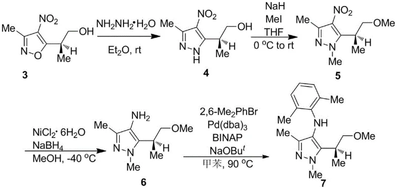 Overall synthetic route from chiral isoxazole to pyrazolamine compound 7