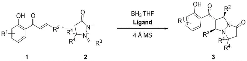 General reaction scheme for asymmetric 1,3-dipolar cycloaddition of 2-hydroxy-chalcones and N,N-cyclic imines catalyzed by chiral ligands and borane