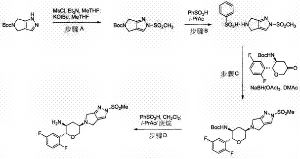 Complete synthetic route showing Steps A through D for the large-scale preparation of the final DPP-IV inhibitor intermediate
