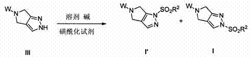 General reaction scheme showing sulfonylation of formula III to form isomers I' and I, followed by isomerization to desired product I