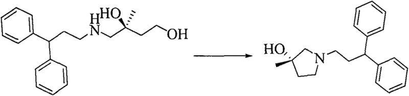 Synthesis pathway of Compound VII showing the cyclization step to form the chiral pyrrolidine tertiary alcohol
