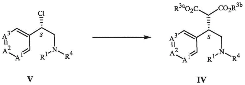 Scheme 5 showing the nucleophilic substitution of Formula V with dialkyl malonate to form Formula IV