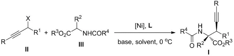 Detailed reaction route showing the preparation of chiral Ni catalyst and the subsequent substitution reaction conditions