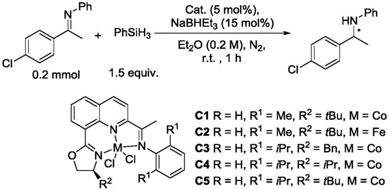 General reaction scheme for the asymmetric hydrosilylation of aryl ketimines catalyzed by the metal complex