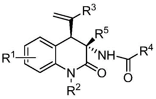 General structure of chiral 3,4-dihydro-2(1H)-quinolinone compounds showing variable substituents R1-R5