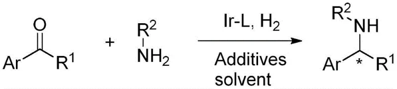 General reaction scheme showing ketone and amine reacting to form chiral secondary amine via Ir-L catalyst