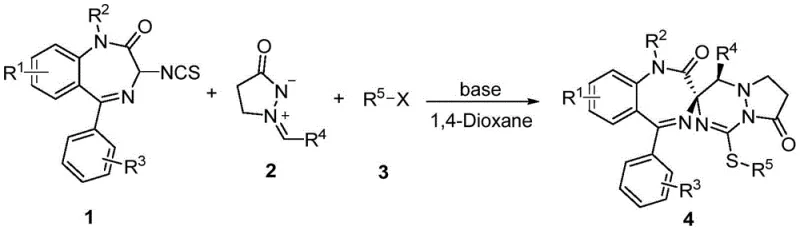 General reaction scheme showing the [3+3] dipolar cycloaddition of 1,4-benzodiazepine-2-one isothiocyanate with cyclic imine 1,3-dipole and alkyl halide