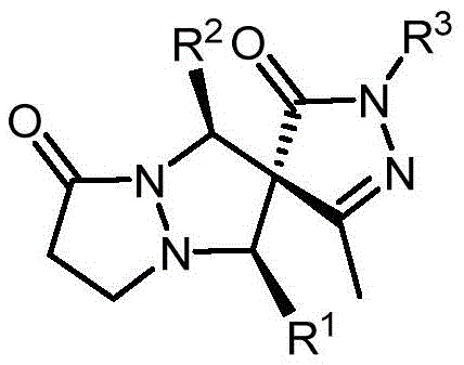 Chemical structure of the chiral spiro pyrazolone product showing the core scaffold and substituent positions