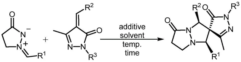 General reaction scheme showing the [3+2] cycloaddition between N,N'-cyclic imine 1,3-dipole and pyrazolone exo-olefin