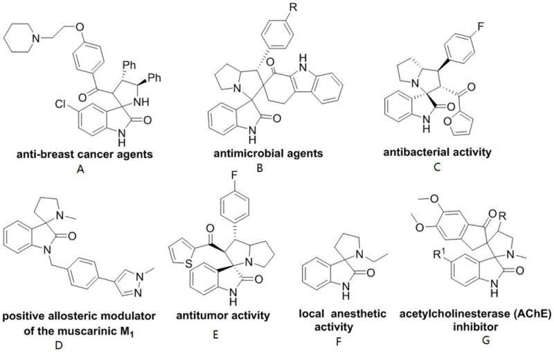 Structural formulas demonstrating diverse physiological activities including anti-breast cancer agents (A), antimicrobial agents (B), antibacterial activity (C), positive allosteric modulator (D), antitumor activity (E), local anesthetic activity (F), and acetylcholinesterase inhibitor (G)